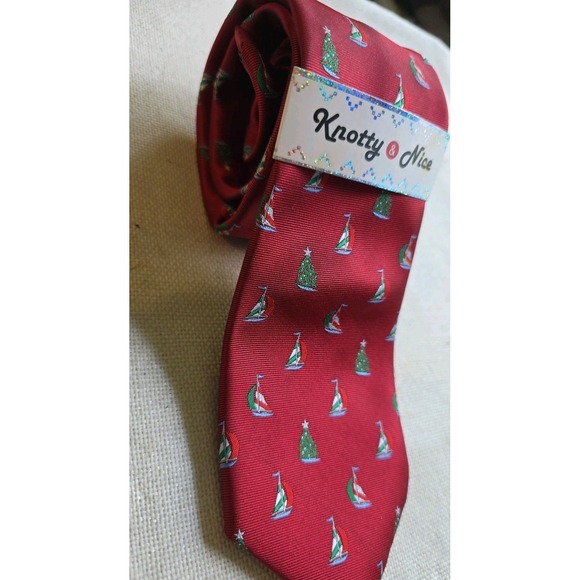 Knotty & Nice Sailboats‎ And Christmas Trees Tie Red NEW - Picture 1 of 7